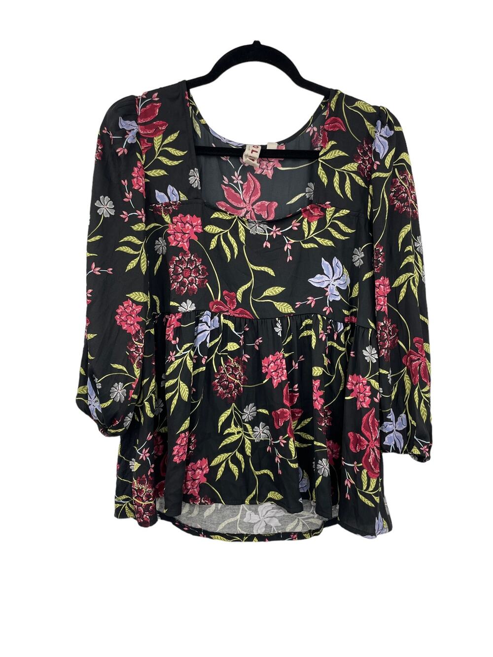 Anthropologie Shirt Womens Medium Top Cherrie Babydoll Black Multi Floral Dolan